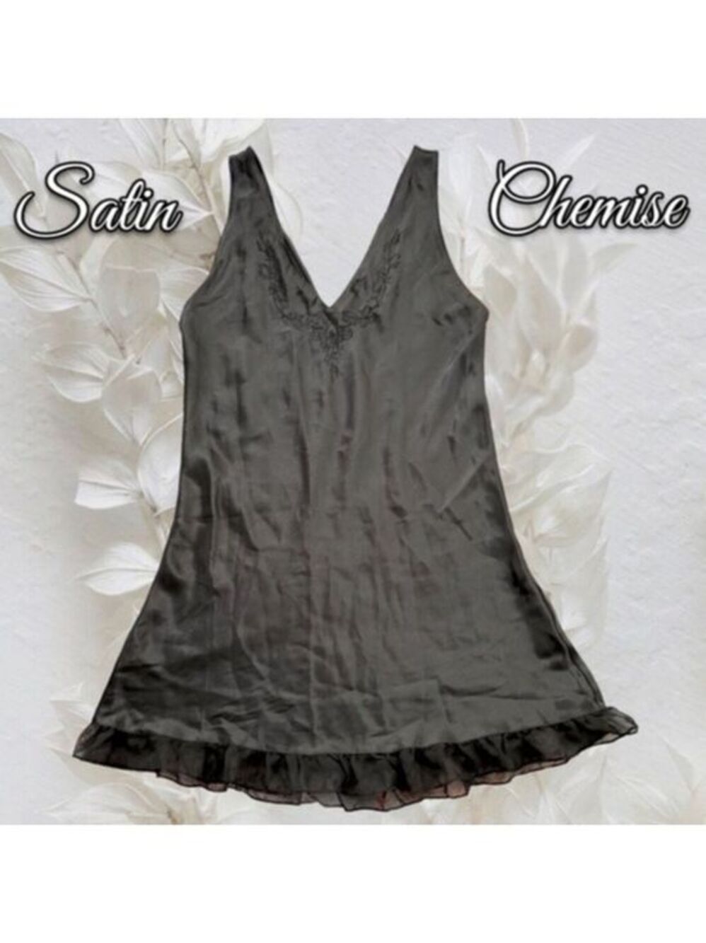 INNER MOST Satin Tank Style V-Neck Ruffle Hem Mini-Length Chemise Nightgown